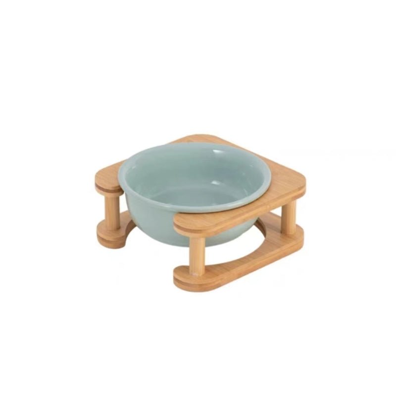 Pet Double Food Bowl Ceramic With Wood Holder - PIKAPIKA