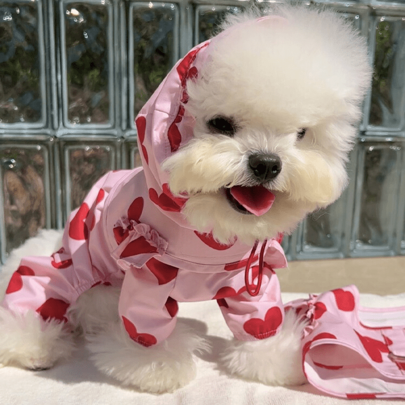 Waterproof Printed Hooded Dog Raincoat with Heart Cloud Design - PIKAPIKA